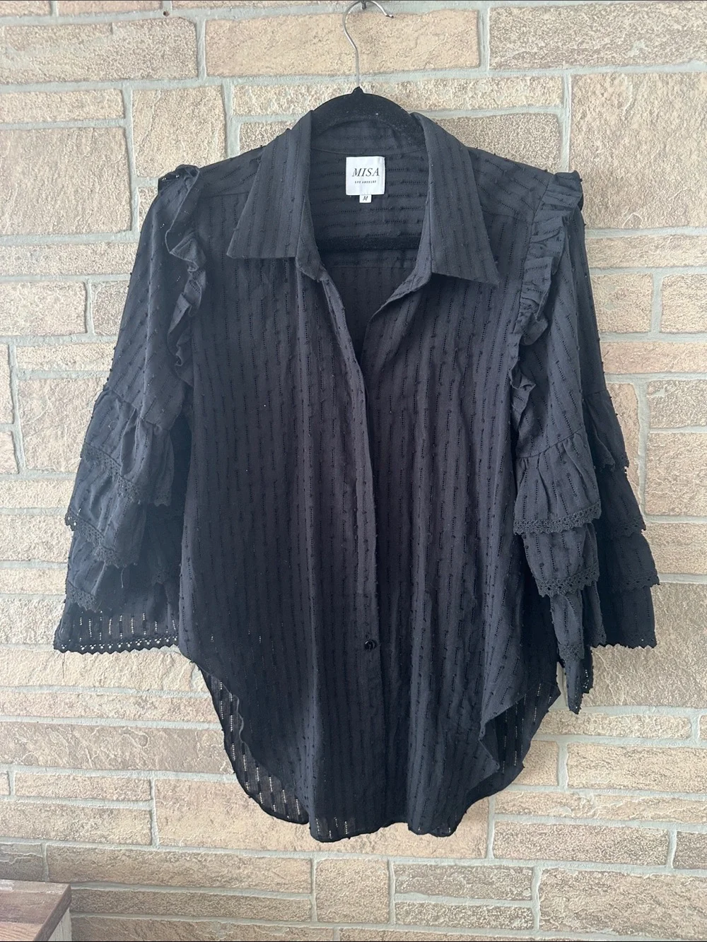 MISA Los Angeles Juana Ruffle Sleeve Blouse Shirt Eyelet Cotton  size M